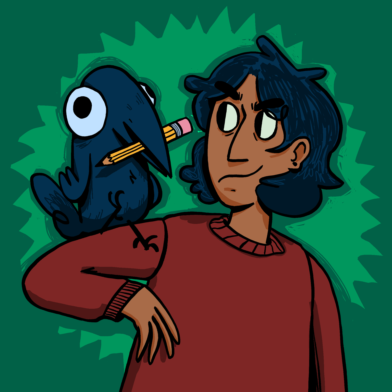 An illustration of me wearing a red sweater with my bird writing mascot perched on my shoulder with a pencil in his beak
